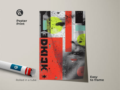 Museum-quality poster print of a grunge face collage. This abstract face wall art arrives rolled in a tube for easy framing. Its red yellow and teal colors make a bold statement. Ideal as eclectic home decor or a unique art collector present. The distressed wall art adds an urban touch.