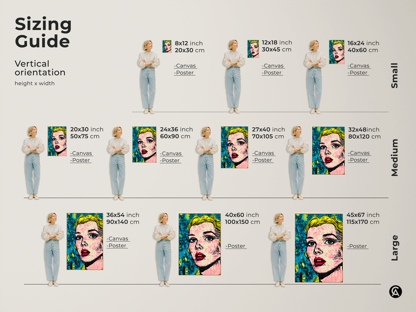 Vertical sizing guide for a pop art portrait print. Visualize different sizes from small to large. Options include canvas and poster prints. Find the perfect fit for your space and style.