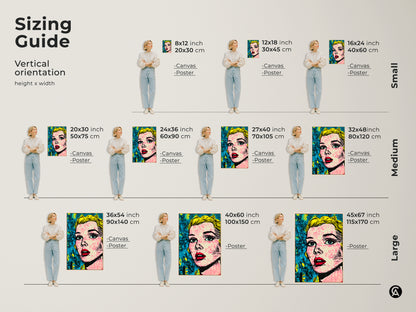 Vertical sizing guide for a pop art portrait print. Visualize different sizes from small to large. Options include canvas and poster prints. Find the perfect fit for your space and style.