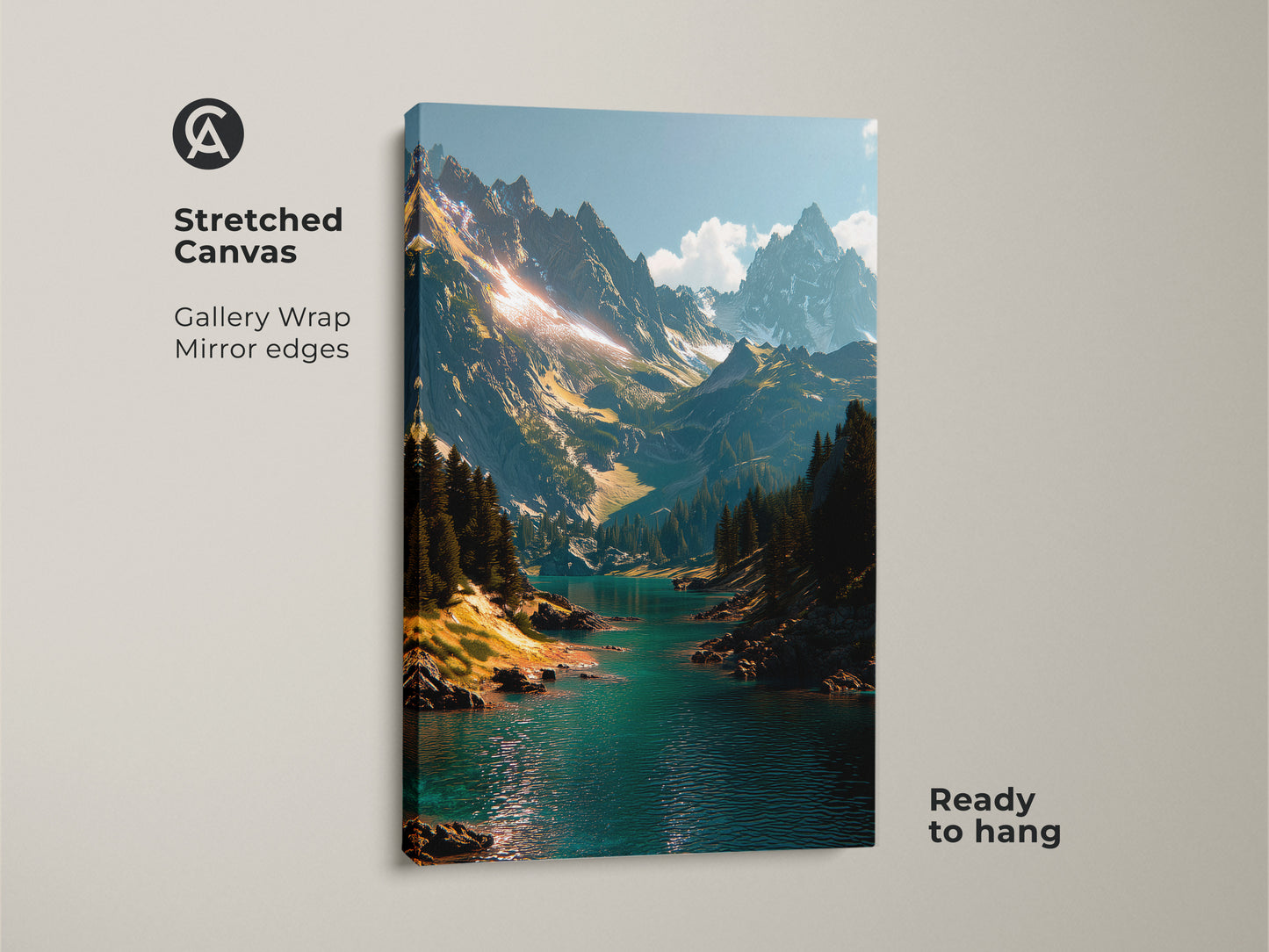 Stretched canvas mountain artwork. The gallery wrapped canvas features a beautiful mountain scene with a turquoise lake. The canvas has mirror edges and is ready to hang. Decorate your walls today!