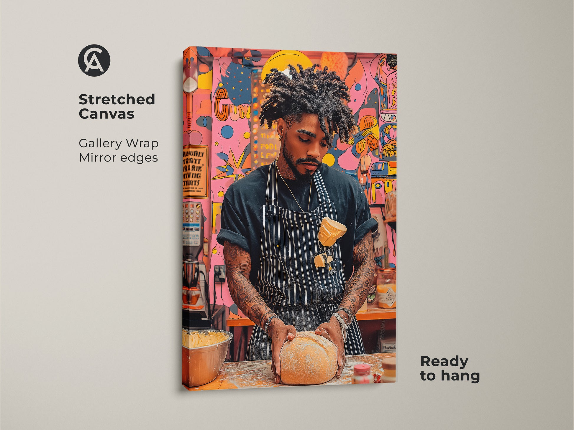 A stretched canvas gallery wrap shows a baker kneading dough in a contemporary pop art style. The abstract food canvas features mirror edges and is ready to hang. The vibrant orange yellow and pink artwork is perfect for modern kitchen decor. It's a housewarming gift for home bakers.