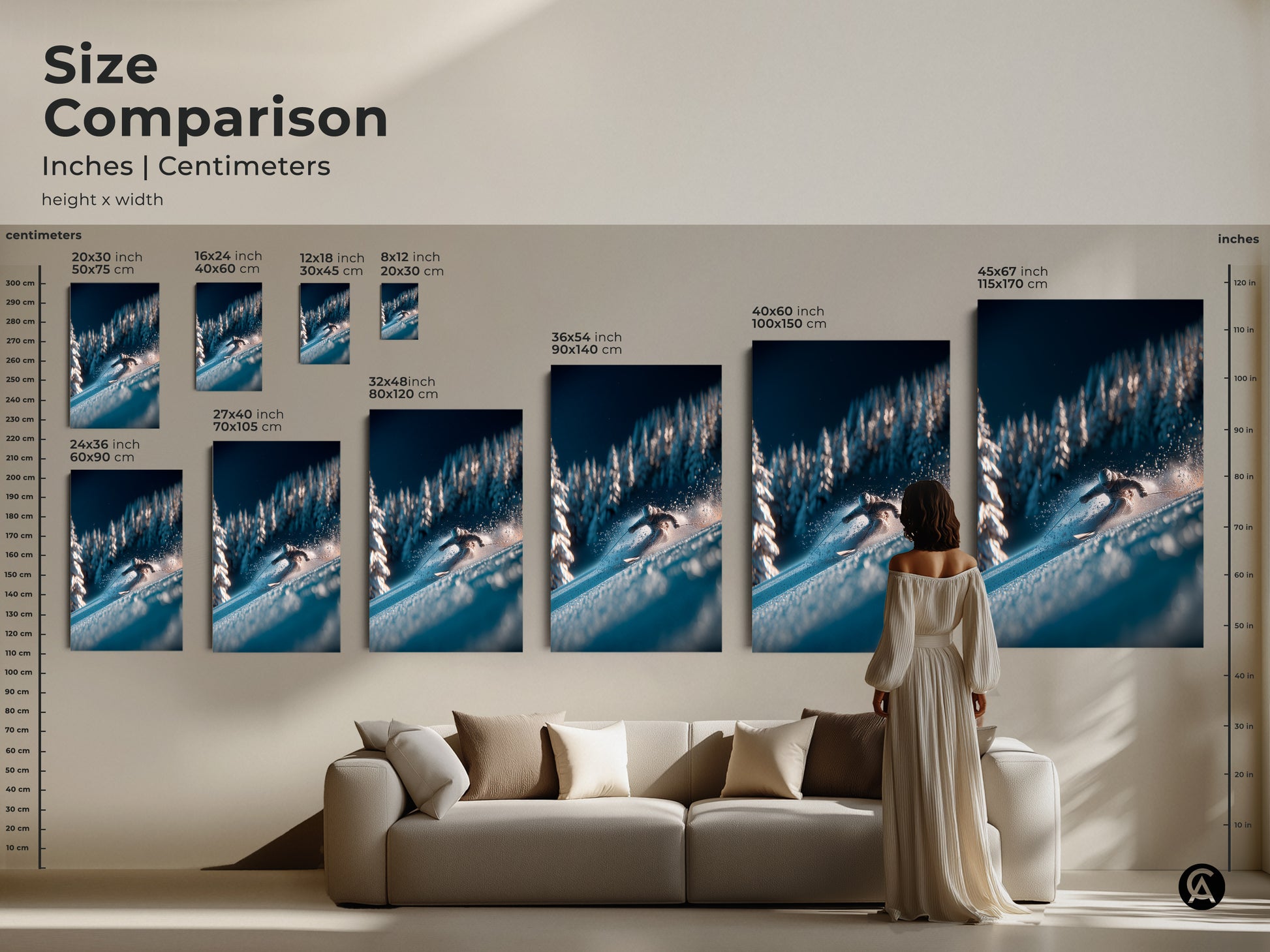 Compare sizes of this captivating ski artwork. This size comparison showcases the artwork from small to large. See how the skier and snowy landscape transform at different scales. Select the ideal size to make a statement in your home.