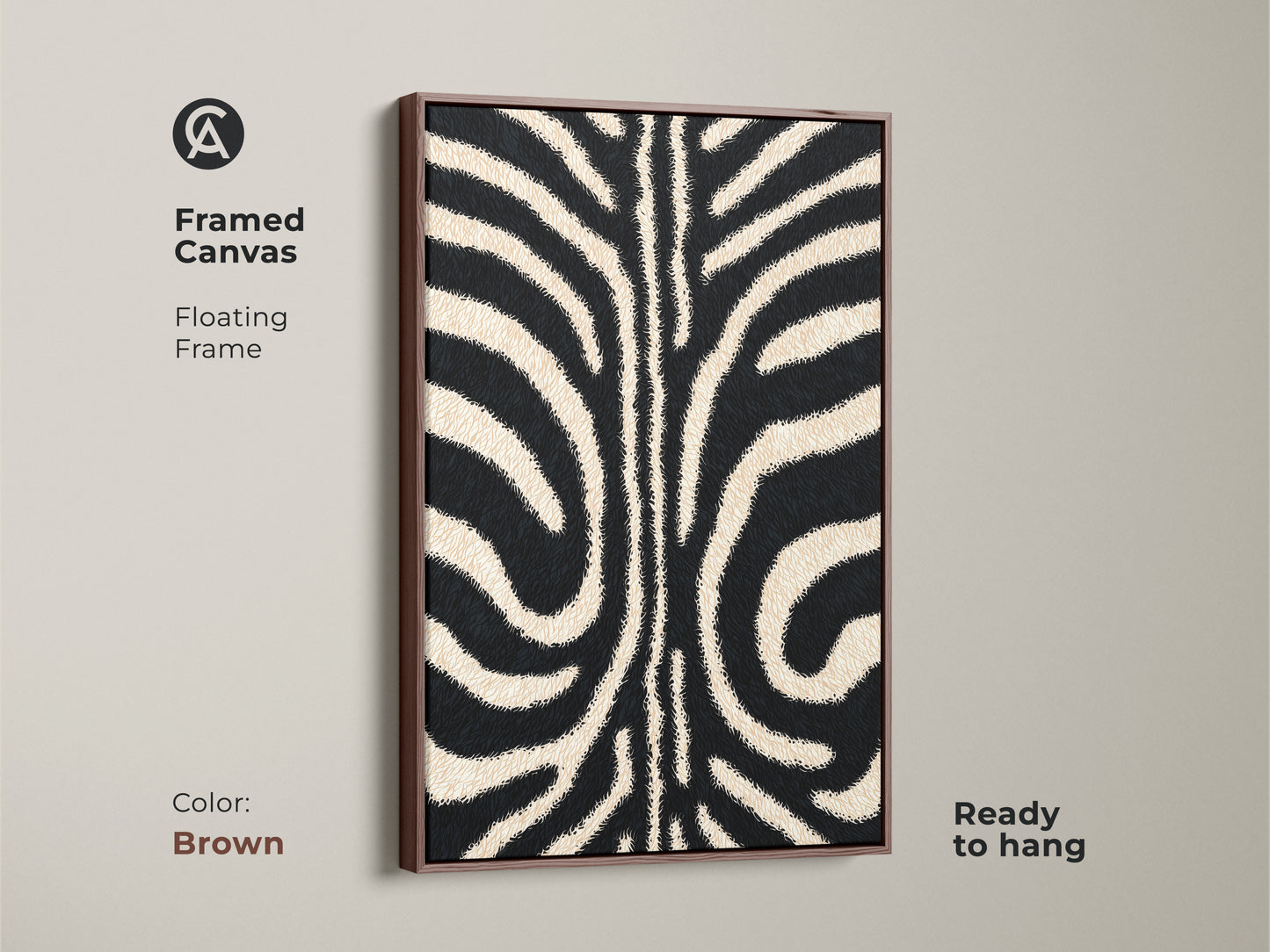 Framed canvas featuring a brown floating frame. The modern zebra artwork offers a natural touch. This minimalist animal canvas art enhances any room. A stylish addition to your home decor.