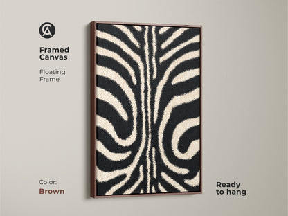Framed canvas featuring a brown floating frame. The modern zebra artwork offers a natural touch. This minimalist animal canvas art enhances any room. A stylish addition to your home decor.