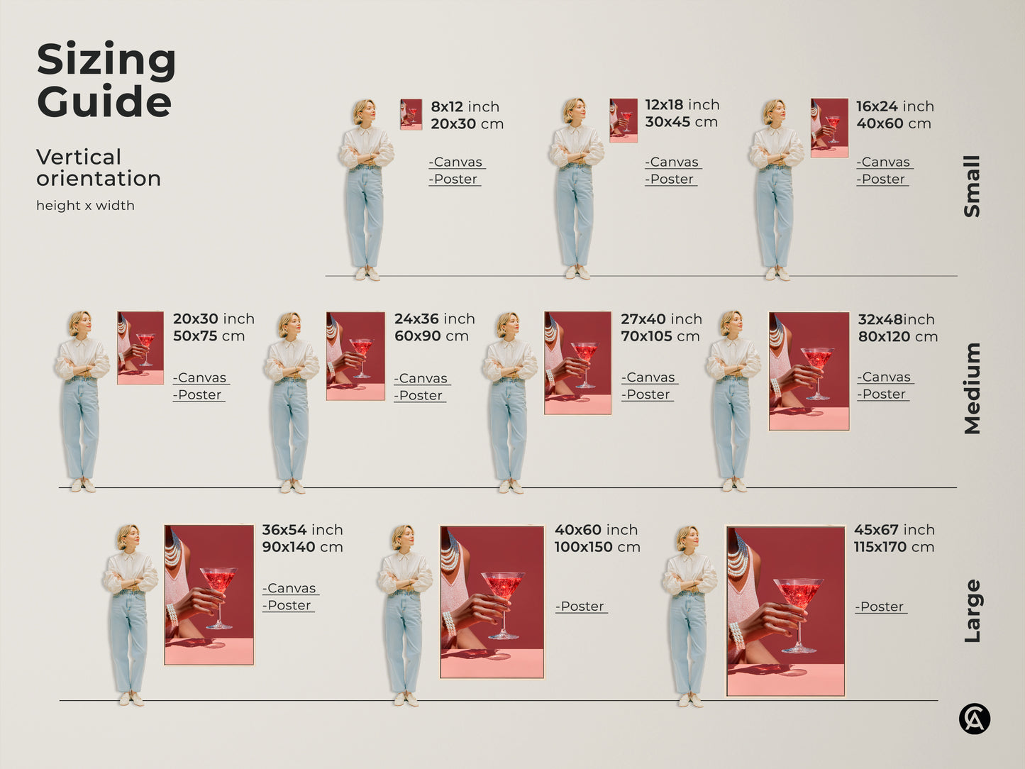 Sizing guide shows the various sizes available for a rose martini art print. Sizes range from Small to Large. Displayed as canvas or poster to match the decor. Perfect for gallery walls.