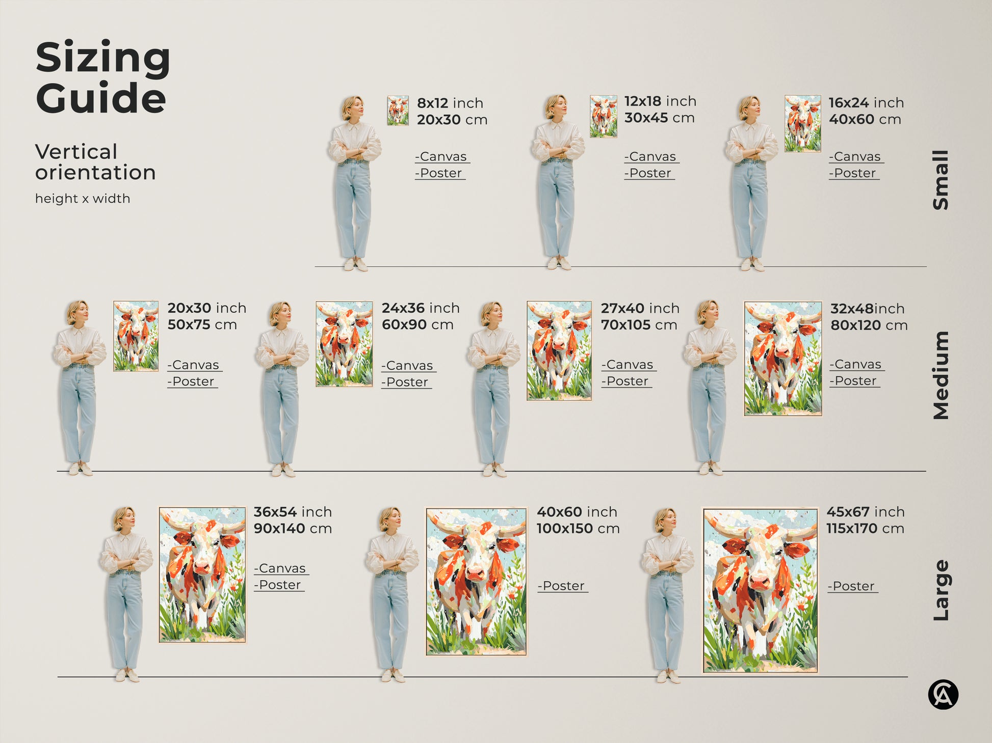 Visualize the vertical sizing guide for longhorn cow art. See how canvas and poster prints fit in different dimensions. Options range from small to large. Find the ideal size for your art.