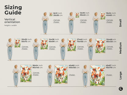 Visualize the vertical sizing guide for longhorn cow art. See how canvas and poster prints fit in different dimensions. Options range from small to large. Find the ideal size for your art.