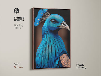 Framed canvas showcasing surreal peacock artwork. The floating frame has a brown color. This fantasy art gift features electric blue and cyan tones. The tattoo art style gives it an eclectic animal art feel. The canvas print is ready to hang.