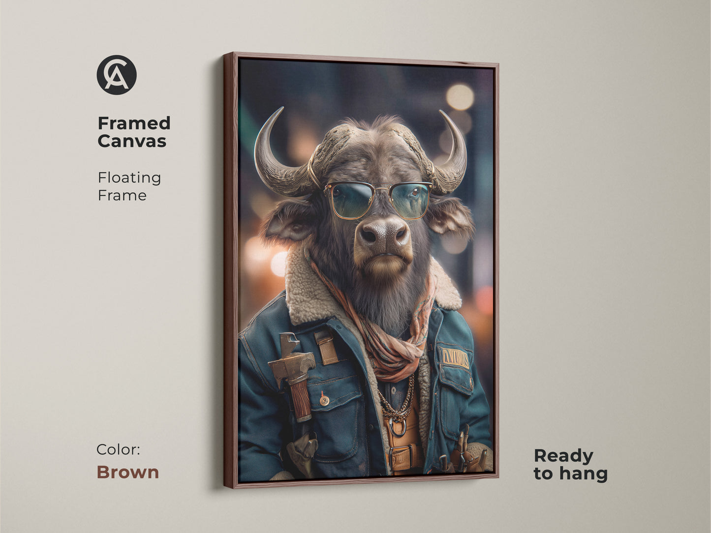 A Buffalo in Sunglasses Framed Canvas Art is a unique gift. This cool Animal Portrait Art is Eclectic office wall decor. Its Animal Lover Gift Idea is great Character Art. This brown gray animal wall art is ready to hang. The Stylish Buffalo Artwork is a modern animal decor piece.