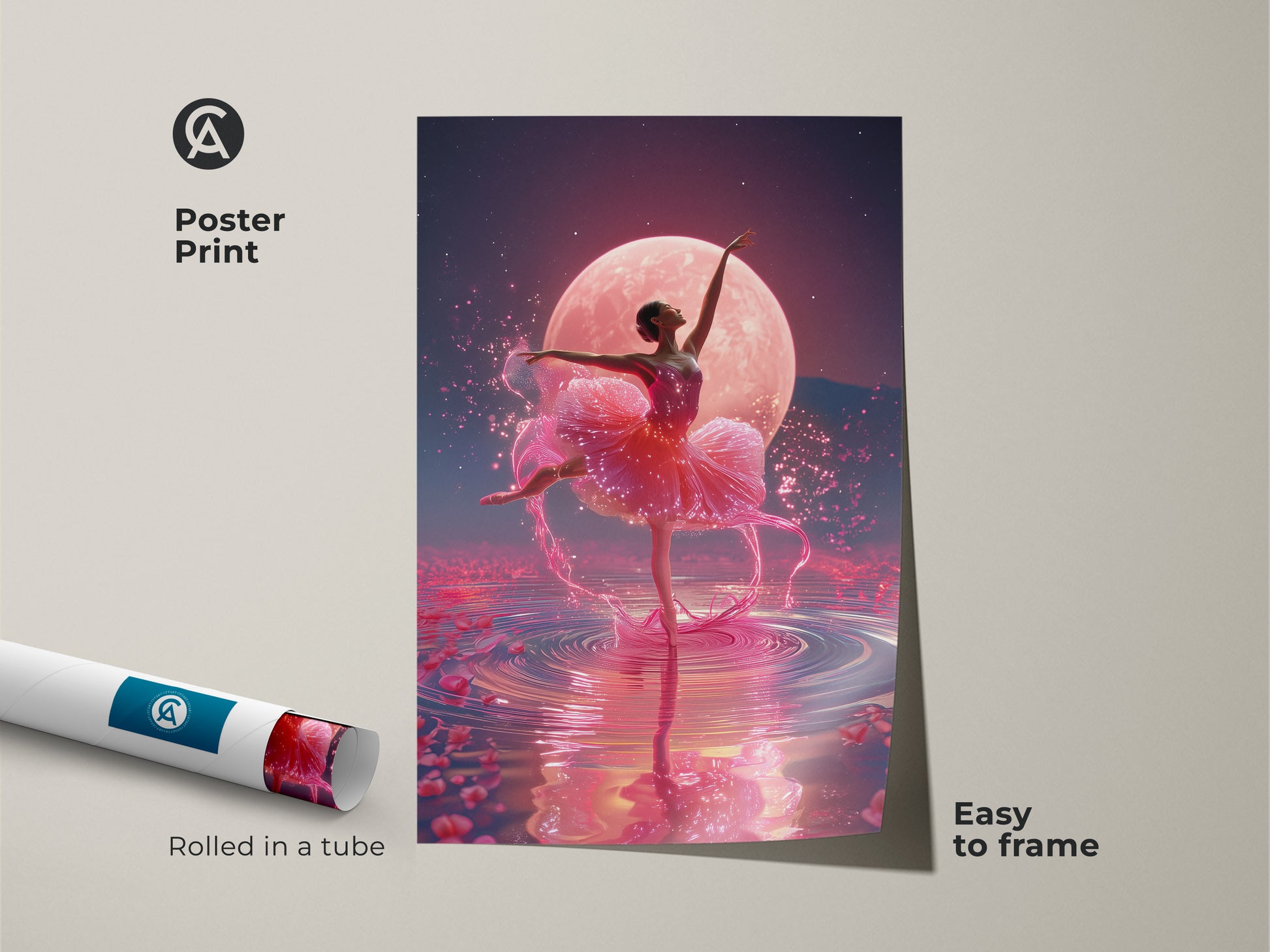 Poster print of a ballerina beneath a pink moon rolled in a tube. This ballet dancer art is easy to frame. The surreal artwork features fuchsia and magenta colors. It's perfect for ballet lovers.