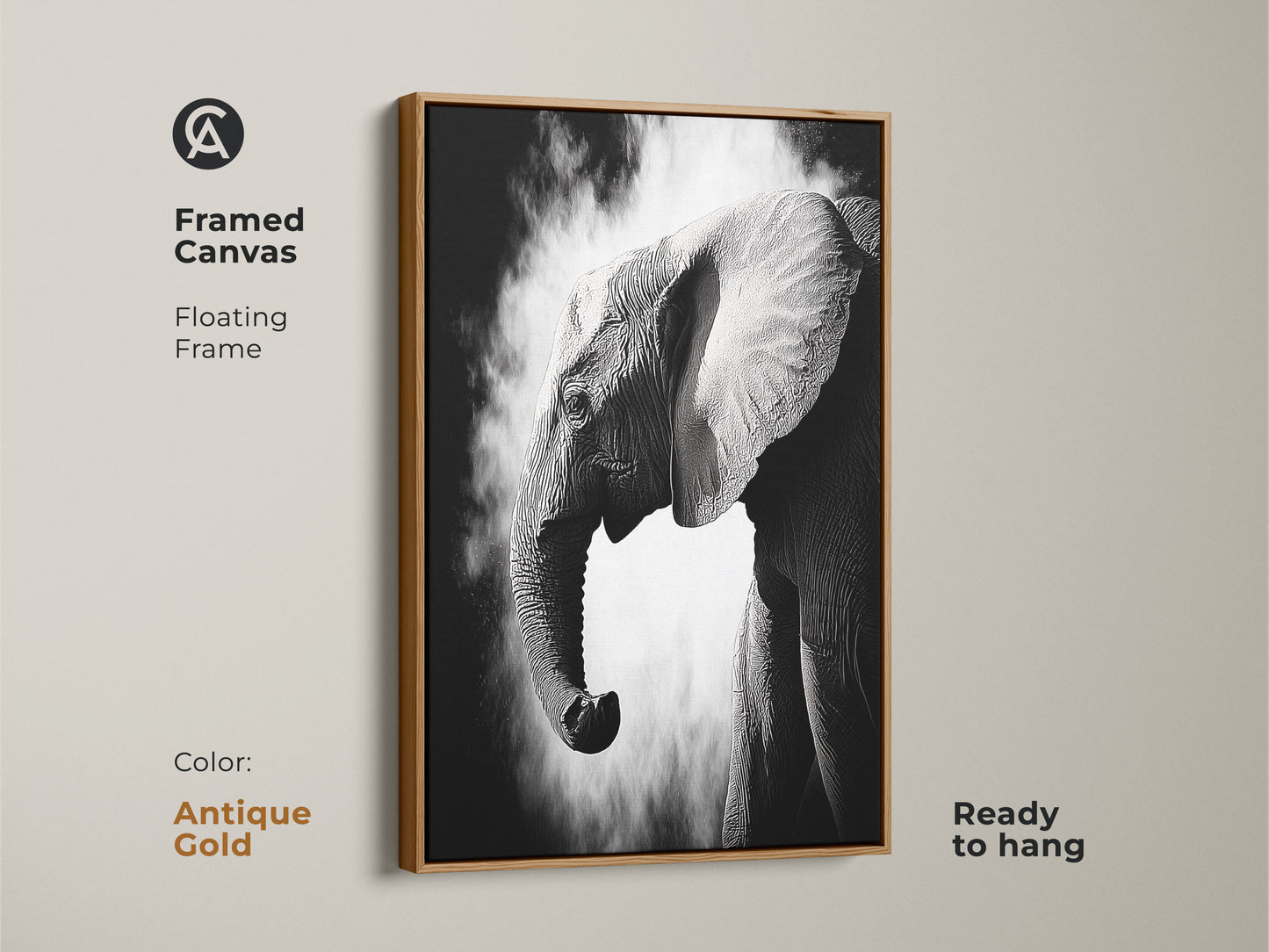 Antique gold framed canvas featuring a monochrome elephant artwork ready to hang. This high-contrast wildlife print adds a touch of elegance. The floating frame complements the contemporary animal wall decor. Perfect for adding a dramatic animal portrait.