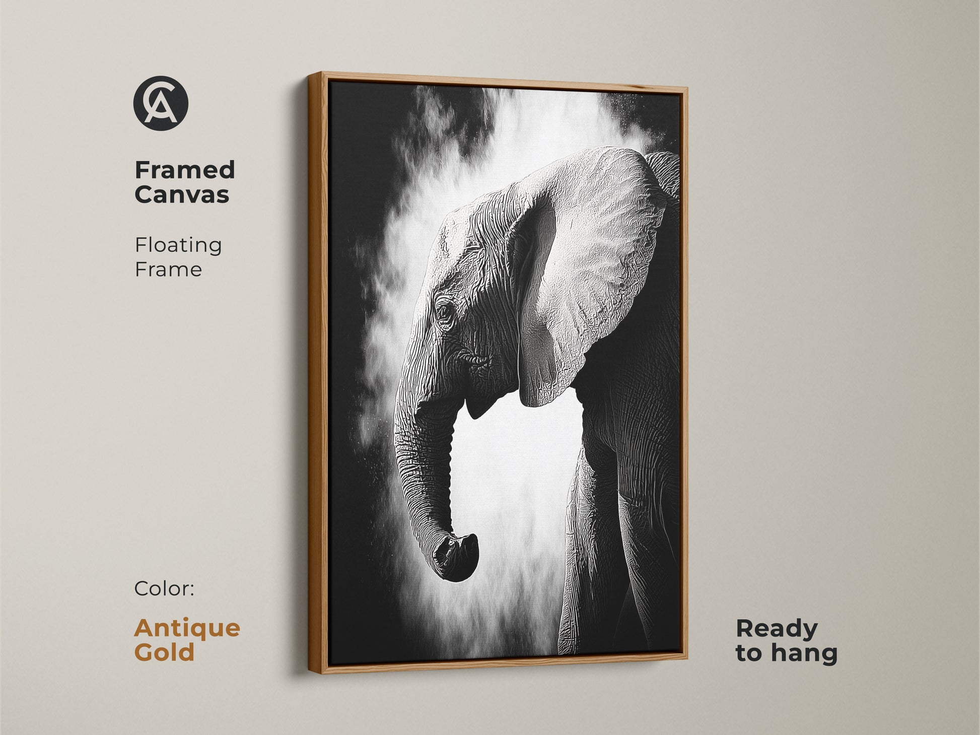 Antique gold framed canvas featuring a monochrome elephant artwork ready to hang. This high-contrast wildlife print adds a touch of elegance. The floating frame complements the contemporary animal wall decor. Perfect for adding a dramatic animal portrait.