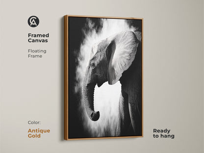Antique gold framed canvas featuring a monochrome elephant artwork ready to hang. This high-contrast wildlife print adds a touch of elegance. The floating frame complements the contemporary animal wall decor. Perfect for adding a dramatic animal portrait.