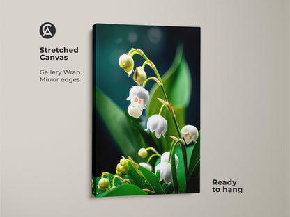 Stretched canvas of Lily of the Valley art print. Gallery wrap with mirrored edges showcases realistic macro botanical art. Ready to hang this Scandinavian white and green decor adds spring freshness. A plant lover gift idea for elegant botanical art.