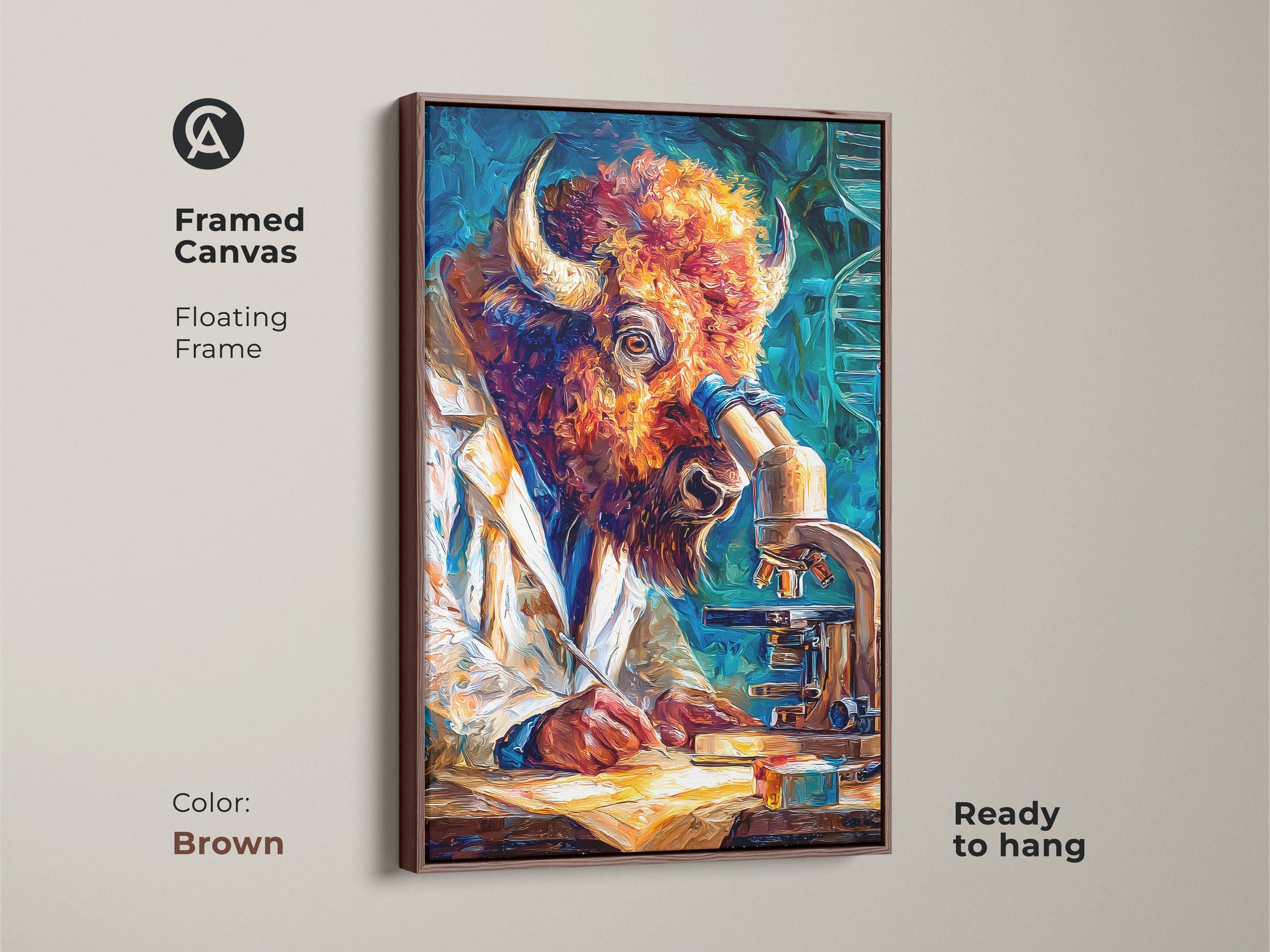 Brown framed canvas artwork of a bull scientist. The bull is wearing a lab coat. He is looking into a microscope. The art is ready to hang. It features a floating frame. This painting is a unique piece. Perfect decor for any room.