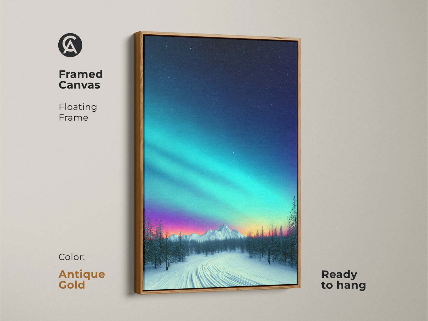 Antique gold framed canvas print features a snowy mountain under the aurora borealis. The floating frame enhances the celestial nature wall art. The dreamy aurora borealis decor is ready to hang. Teal blue purple night sky.