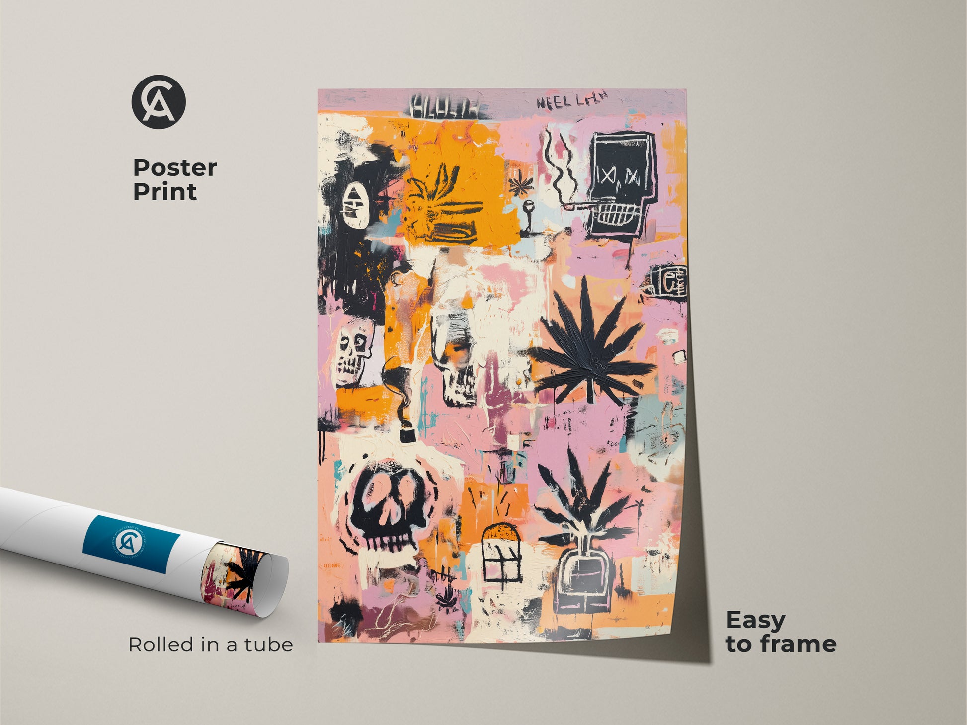 Poster print of graffiti-style art. The art features skulls and cannabis leaves. The poster is rolled in a tube. Easy to frame. The abstract artwork adds a contemporary touch. Ideal for decorating any space. Shop now for unique wall art.