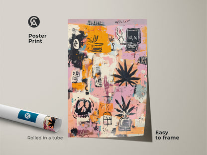 Poster print of graffiti-style art. The art features skulls and cannabis leaves. The poster is rolled in a tube. Easy to frame. The abstract artwork adds a contemporary touch. Ideal for decorating any space. Shop now for unique wall art.