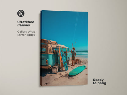 Stretched canvas art featuring a VW bus with surfboards. This gallery-wrapped canvas has mirrored edges. The artwork is ready to hang. It shows a beach scene with a vintage van and a surfer.