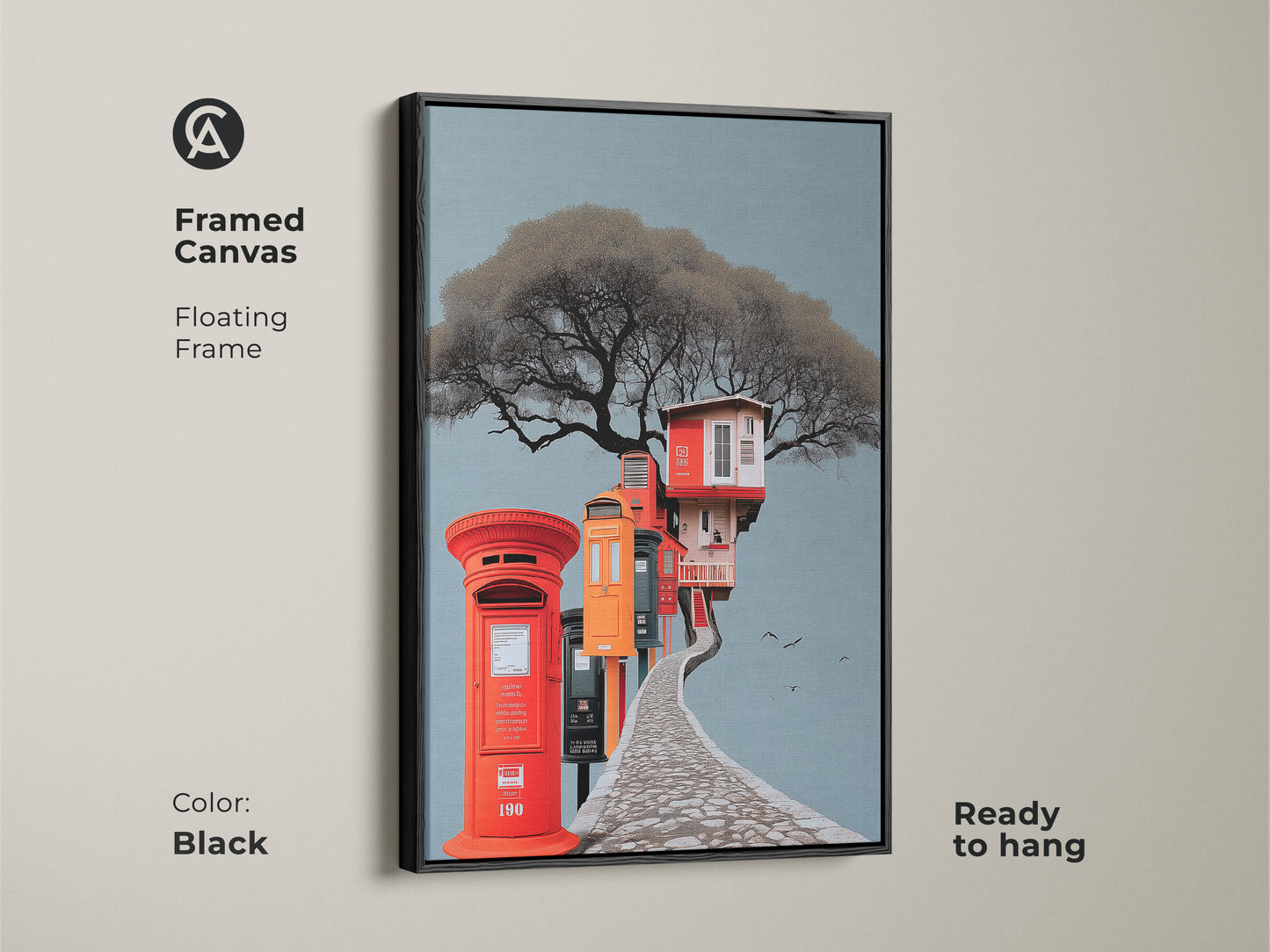 Black framed canvas featuring surreal architecture art. A floating frame showcases an eclectic treehouse and post box artwork. Ready to hang gray blue and red orange print is great for unique living room decor. Perfect gift for art collectors.