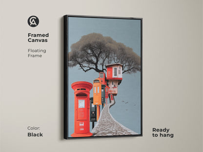 Black framed canvas featuring surreal architecture art. A floating frame showcases an eclectic treehouse and post box artwork. Ready to hang gray blue and red orange print is great for unique living room decor. Perfect gift for art collectors.