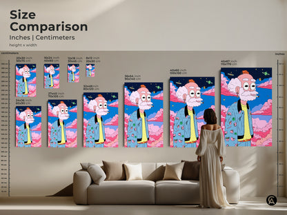Size comparison of cartoon art prints featuring a man smoking. Inches and centimeters are shown. Find the perfect art print size for your space. This unique wall art will enhance your home decor.