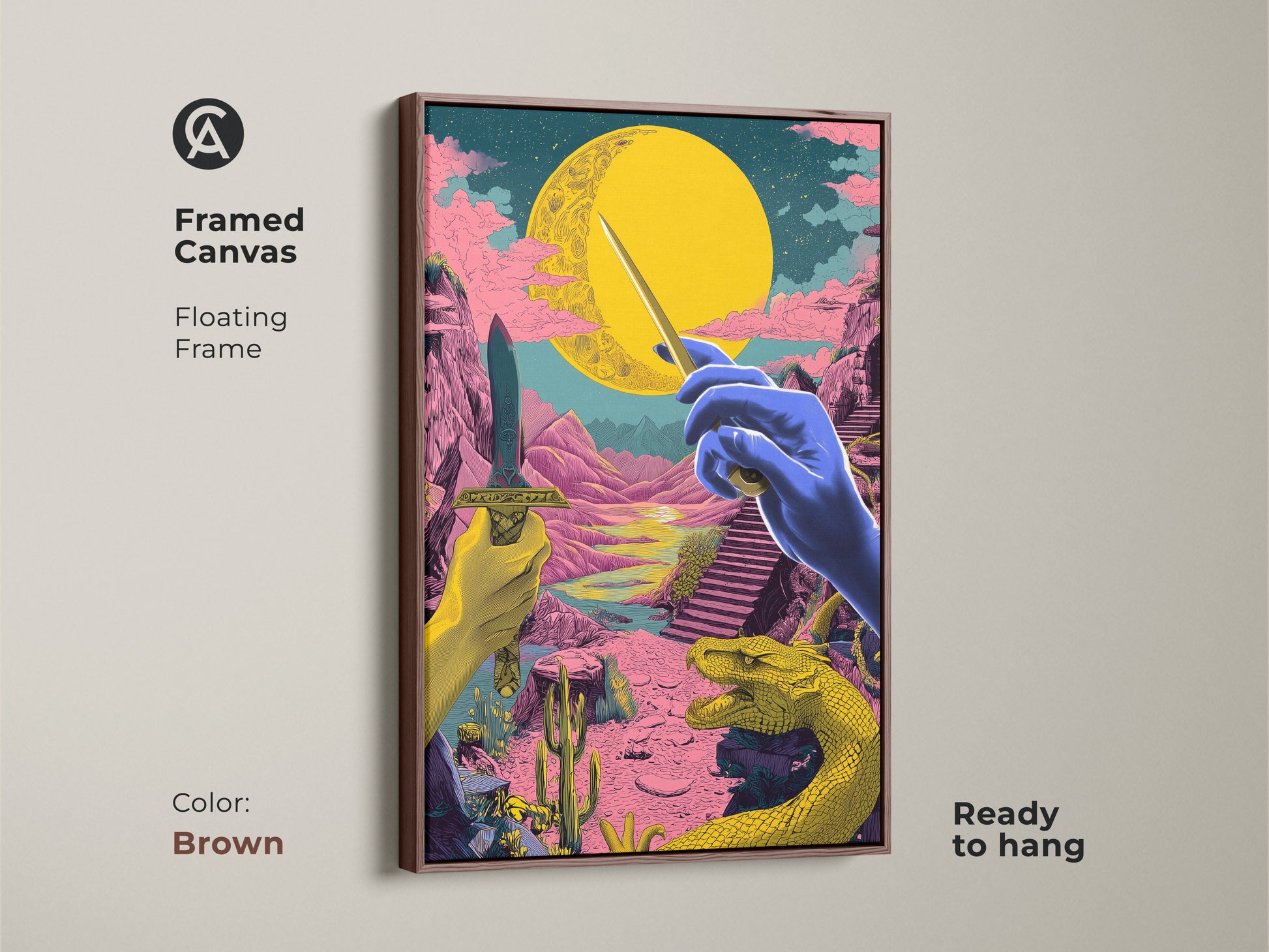 Enhance your decor with this framed canvas art. A brown floating frame adds sophistication to this surreal fantasy wall art. The yellow pink and blue canvas features a dragon and dagger. Ready to hang this eclectic home decor print will transform your living room or study.