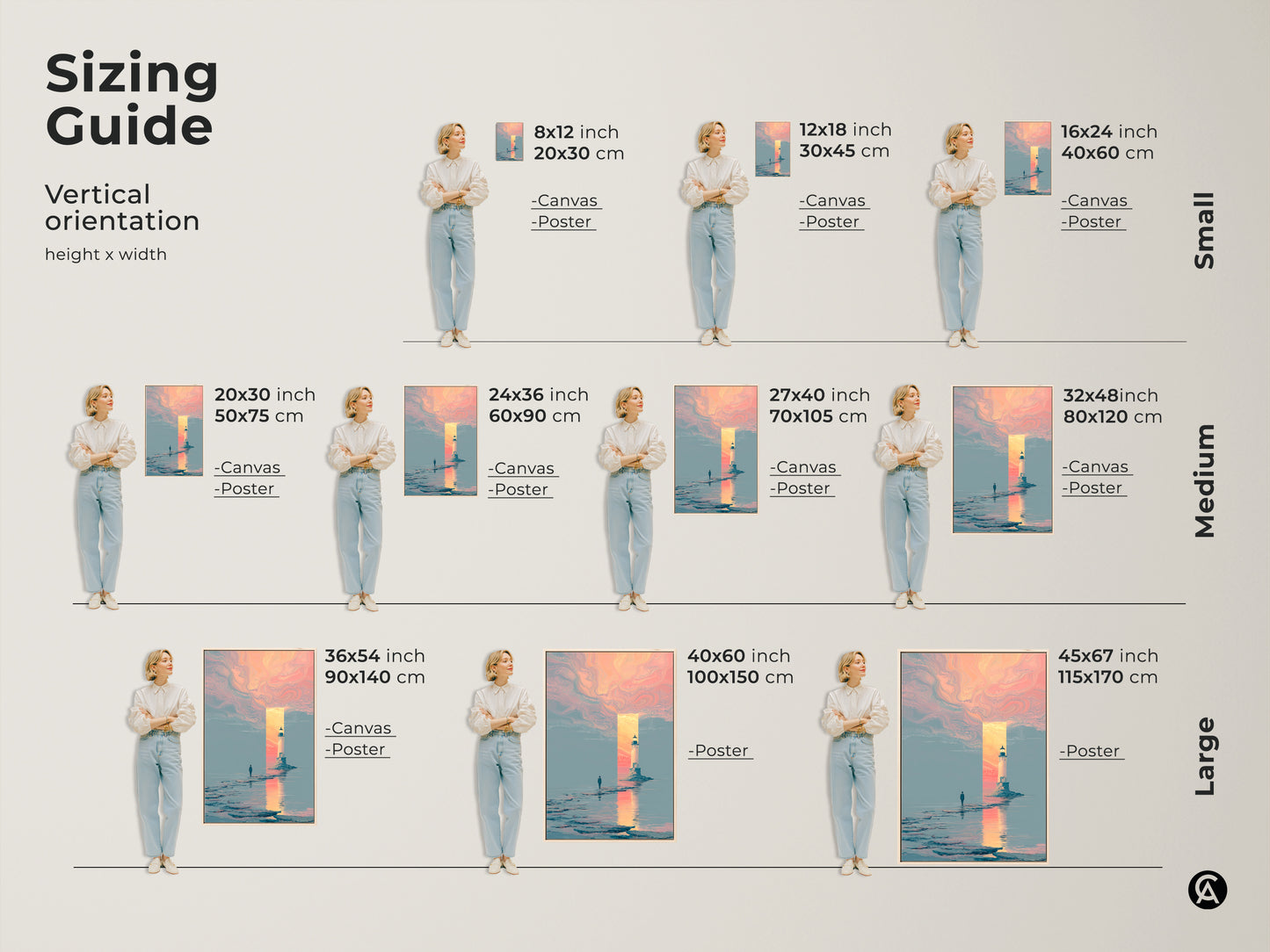 This sizing guide shows the vertical orientation of the lighthouse canvas. It displays small medium and large sizes with the artwork. It ranges from 8x12 inches to 45x67 inches. Visualize the art's impact with these accurate scaled examples in home settings.