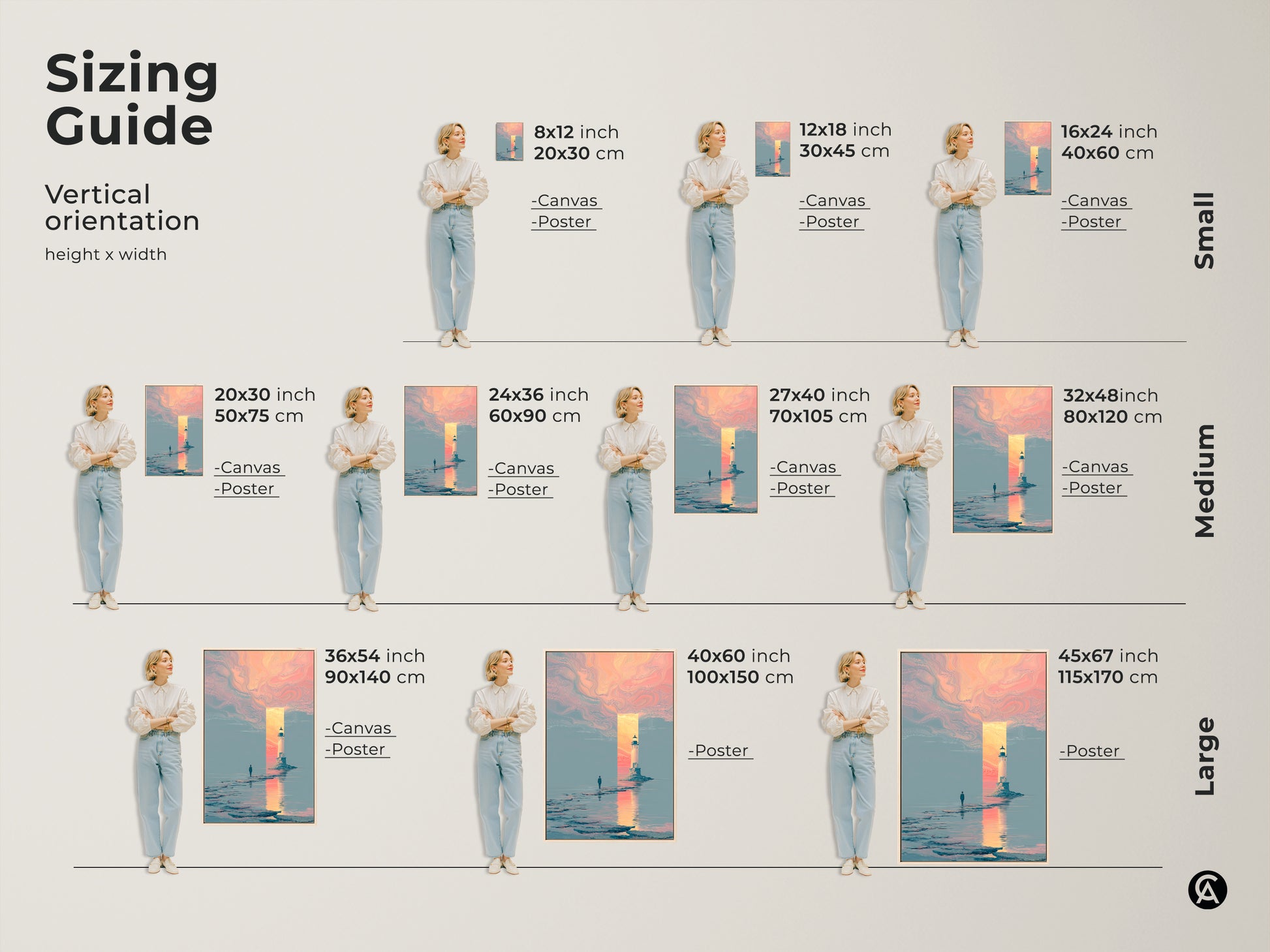 This sizing guide shows the vertical orientation of the lighthouse canvas. It displays small medium and large sizes with the artwork. It ranges from 8x12 inches to 45x67 inches. Visualize the art's impact with these accurate scaled examples in home settings.