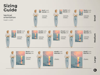 This sizing guide shows the vertical orientation of the lighthouse canvas. It displays small medium and large sizes with the artwork. It ranges from 8x12 inches to 45x67 inches. Visualize the art's impact with these accurate scaled examples in home settings.