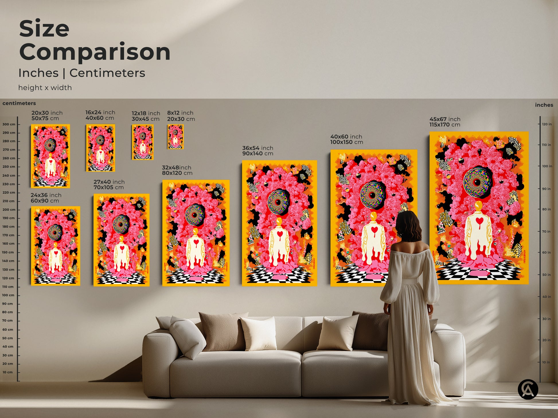Size comparison of the eclectic abstract artwork. A woman stands by a couch to give you the scale of each piece. The psychedelic canvas and poster prints are available in various sizes with yellow red black art.