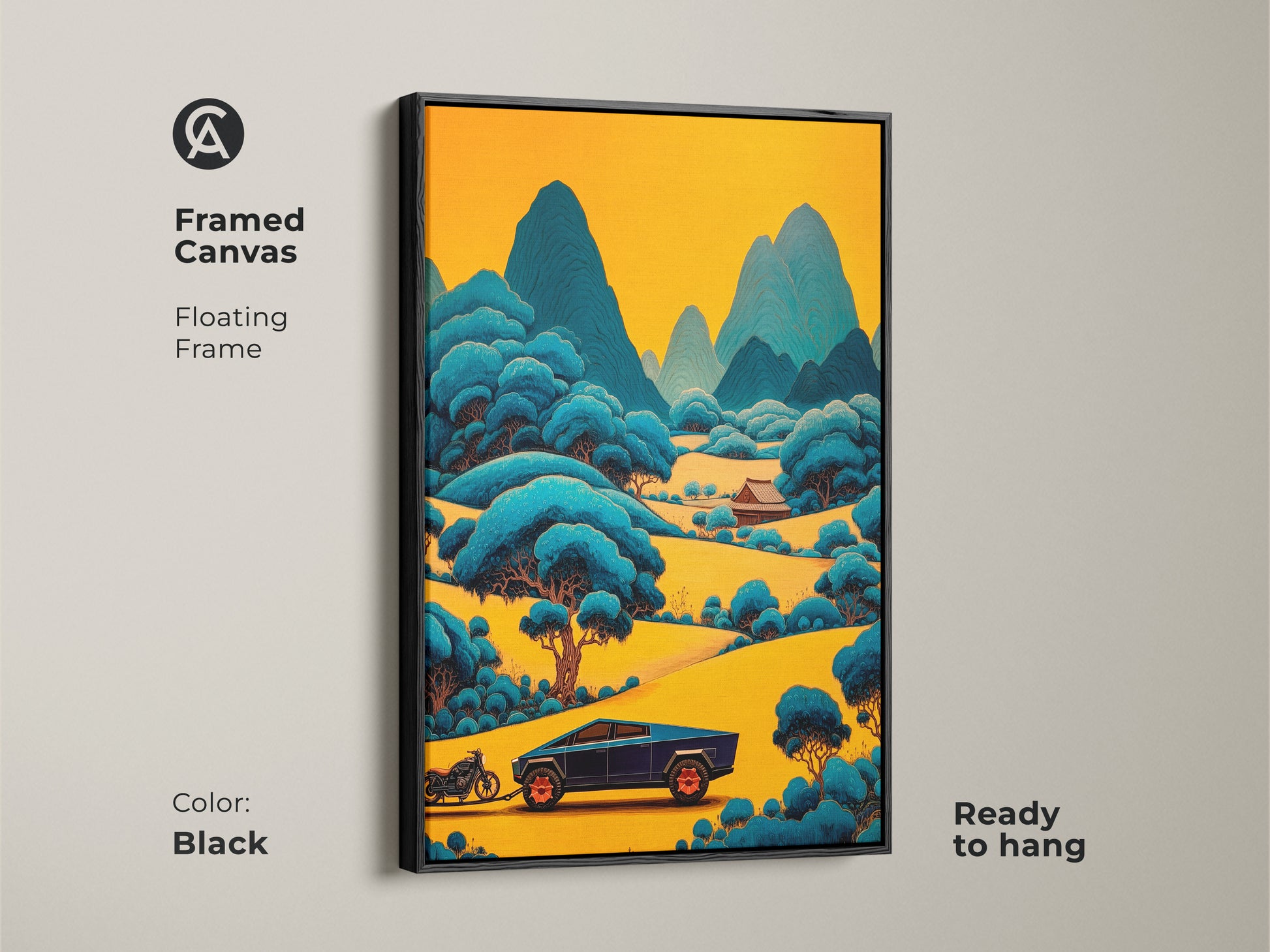 Framed canvas with a floating frame displays the stylized mountain road. The yellow and blue landscape artwork is ready to hang. Its a great modern art for car enthusiasts or den wall decor. The art print provides an eclectic touch.