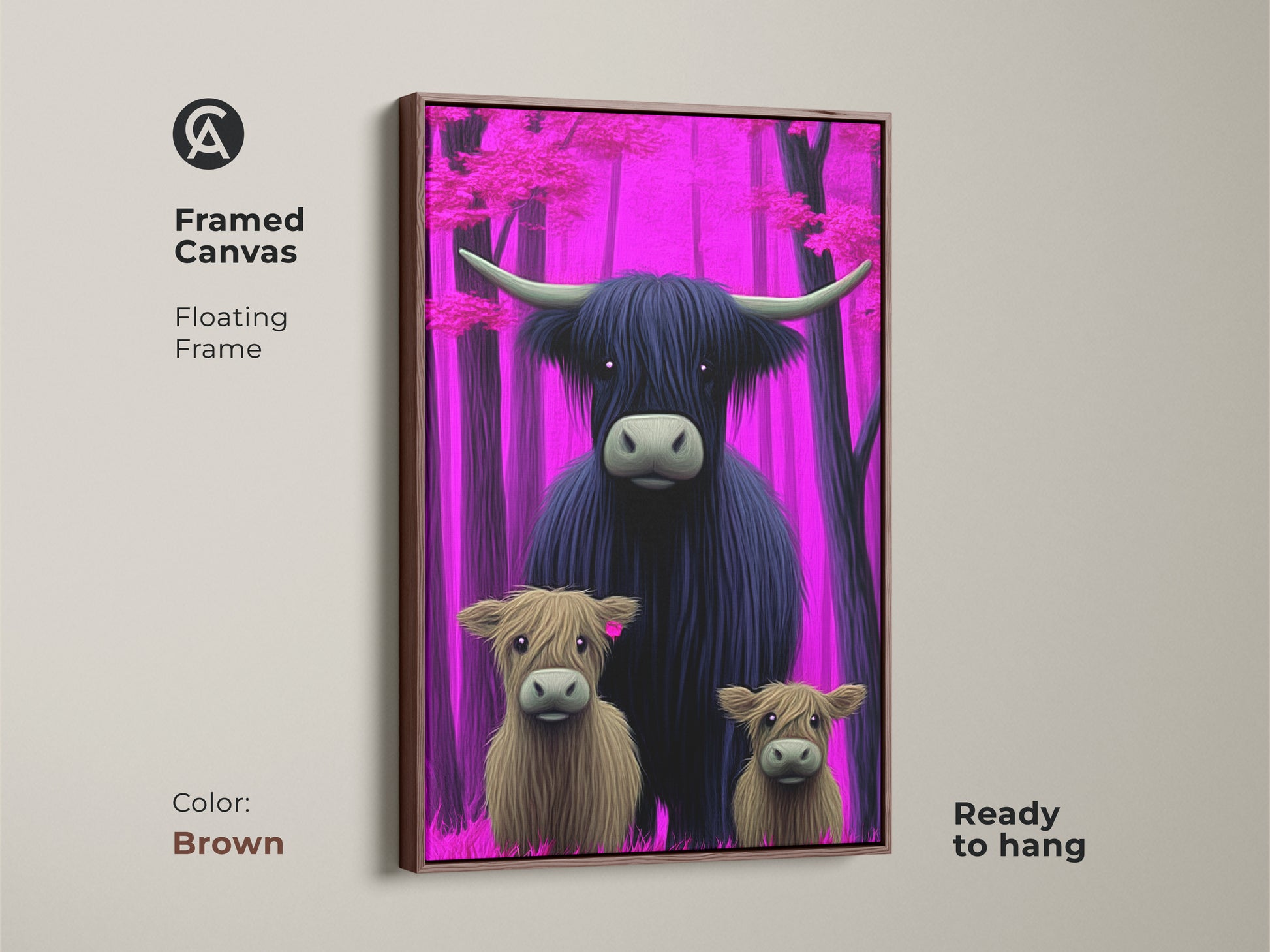 Framed canvas art featuring a Highland Cow family in a pink purple forest with a brown floating frame. This fantasy animal art is ready to hang. A great eclectic home decor gift for those who love cows and unique artwork.