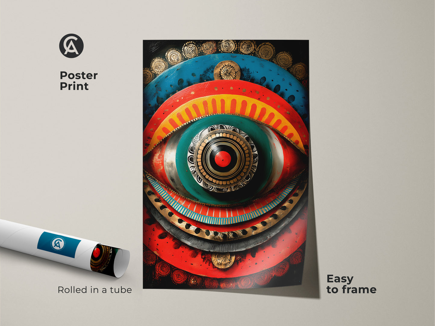 Poster print of a red teal gold spiritual art piece. Rolled in a tube for easy framing. The tribal mandala canvas print makes a perfect gift for travel lovers.