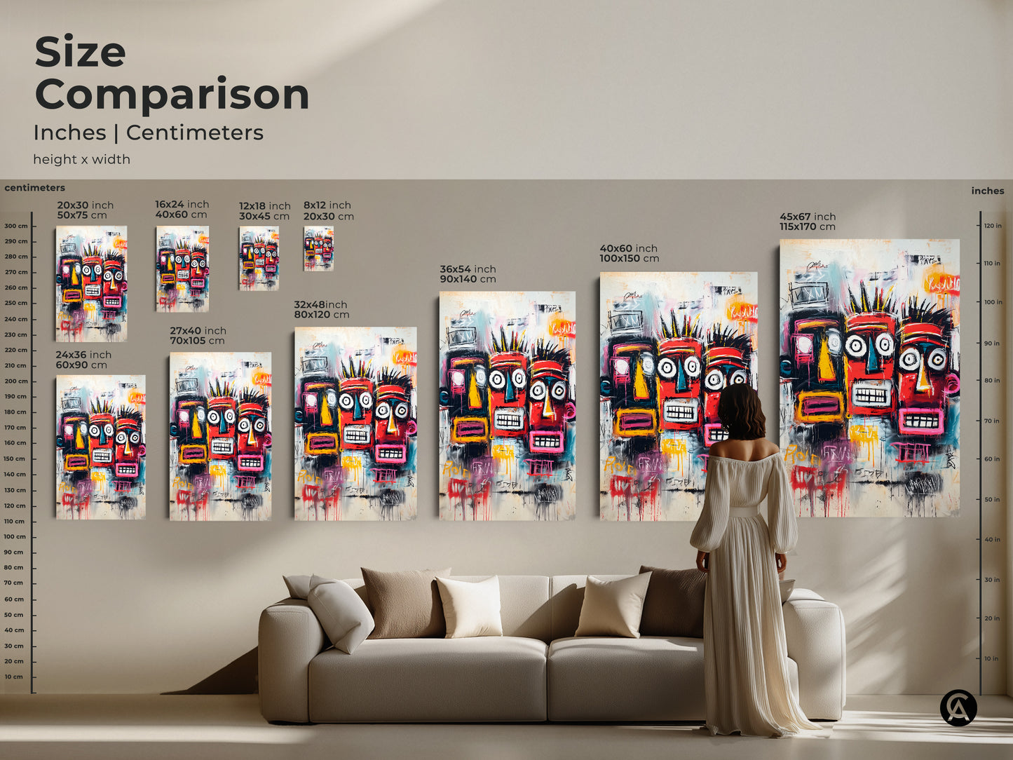 Size comparison of tribal faces artwork in inches and centimeters. See how each size transforms a room. Find the perfect scale for your home or office. Shop now and elevate your space.