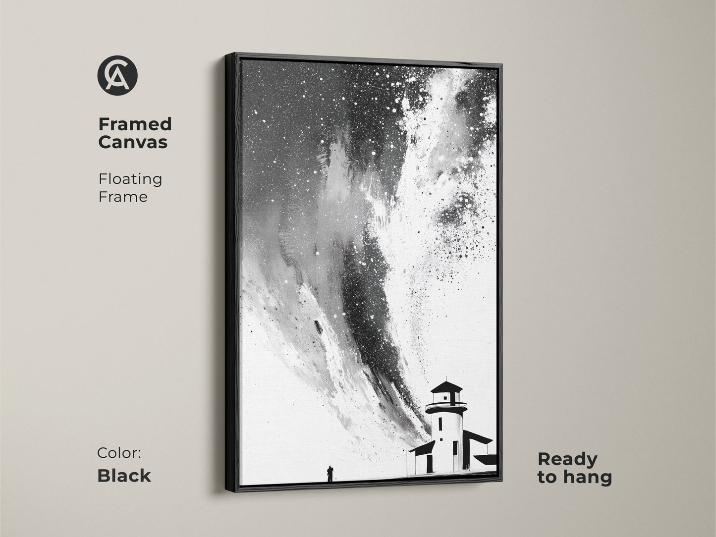 Framed canvas of black white abstract lighthouse art. Floating frame in a black finish adds a modern touch. This minimalist starry sky canvas art is ready to hang. Perfect as travel themed wall art to your home.