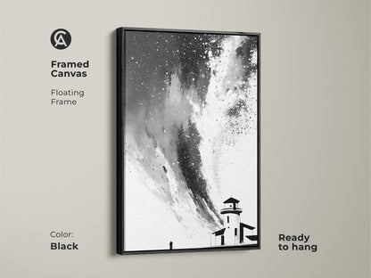 Framed canvas of black white abstract lighthouse art. Floating frame in a black finish adds a modern touch. This minimalist starry sky canvas art is ready to hang. Perfect as travel themed wall art to your home.