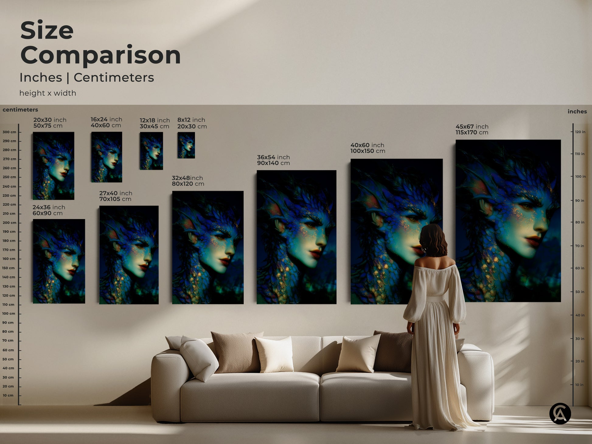 Size comparison of dark fantasy mermaid art prints in inches and centimeters. See how the teal gold mythological artwork fits above a sofa. Available as canvas and poster prints. Ideal for eclectic home decor and fantasy art lovers.