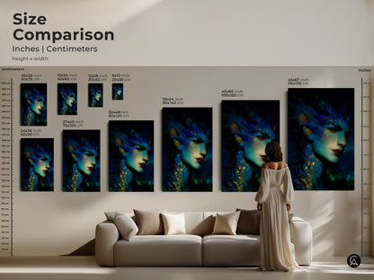 Size comparison of dark fantasy mermaid art prints in inches and centimeters. See how the teal gold mythological artwork fits above a sofa. Available as canvas and poster prints. Ideal for eclectic home decor and fantasy art lovers.