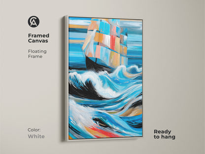 This framed canvas art features an abstract sailboat in white. It will complement any wall. The calming tones of blue and aqua evoke a sense of coastal serenity ready to hang. Great nautical wall decor.