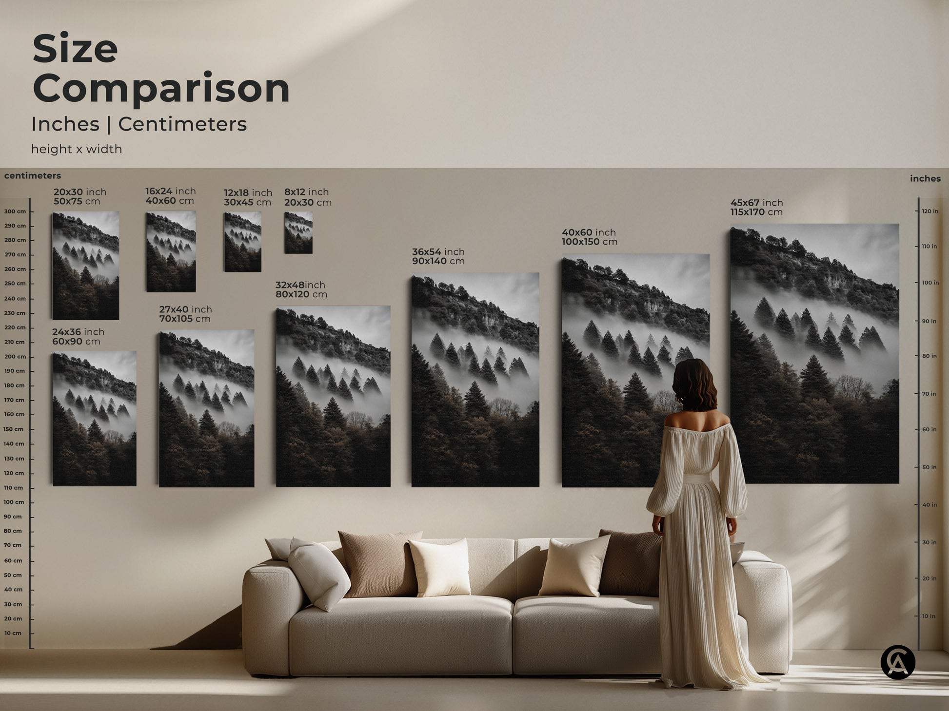 Size comparison of dark green forest art. Inches and centimeters are shown. See how the art looks above a sofa and with a person for scale. Find the perfect size for your monochrome mountain wall art from 20x30 cm to 115x170 cm. Perfect black and grey wall art.