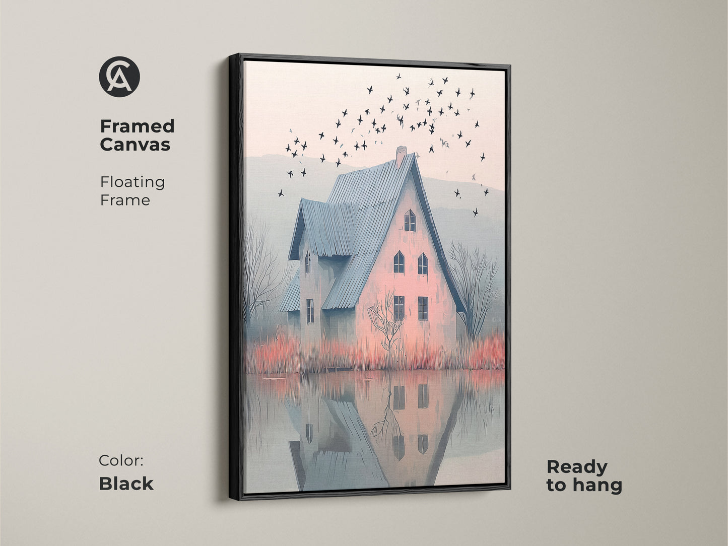 Black framed canvas of a farmhouse. It has a blue roof house near a misty lake. Birds are flying. The floating frame is ready to hang. Great as residential wall decor or abstract house print.