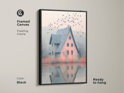 Black framed canvas of a farmhouse. It has a blue roof house near a misty lake. Birds are flying. The floating frame is ready to hang. Great as residential wall decor or abstract house print.