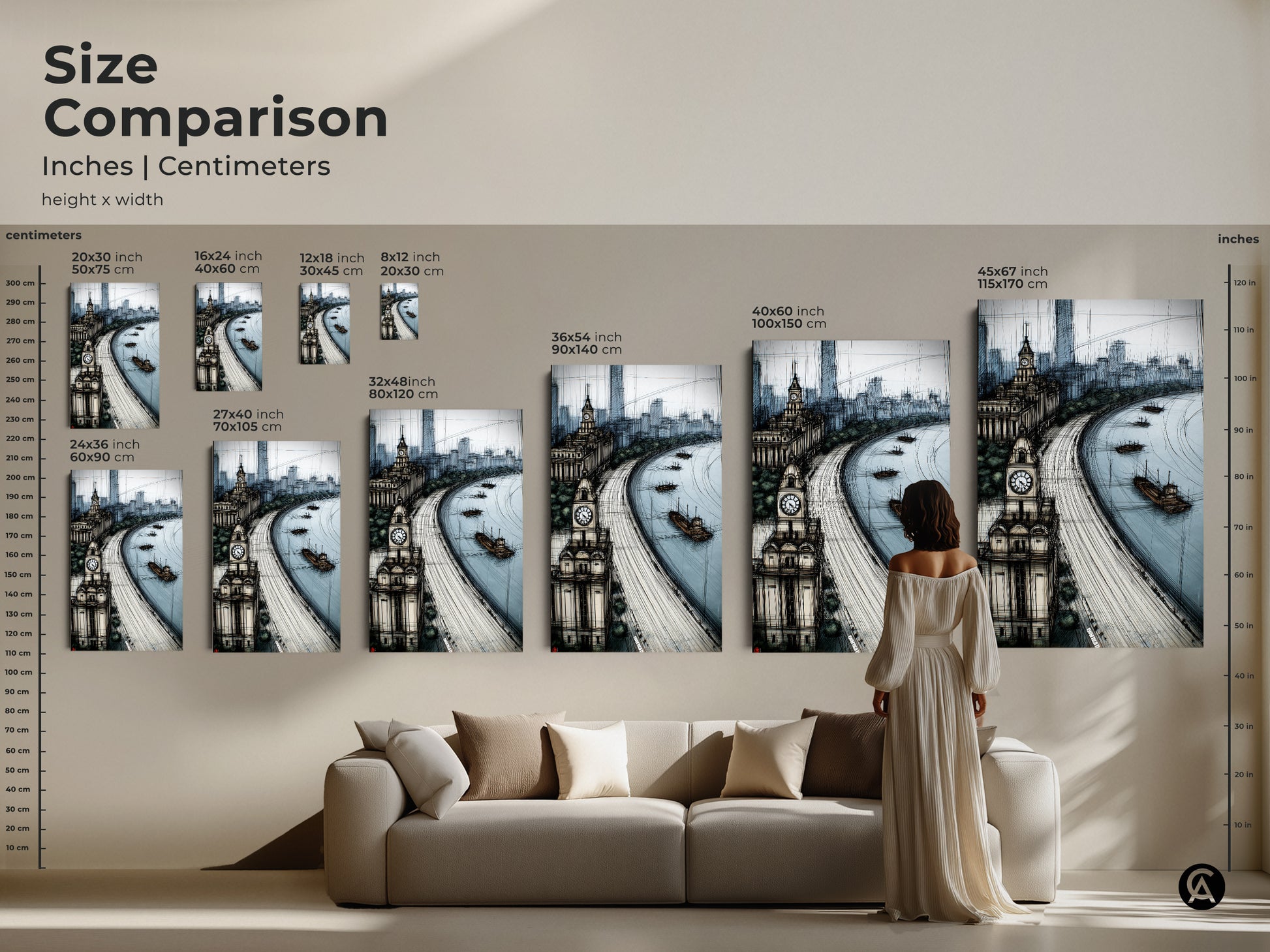 Size comparison of a blue gray cityscape sketch artwork in a living room. See how the river clock tower art print fits above a sofa. Available in various sizes for canvas and poster. Ideal for modern decor.