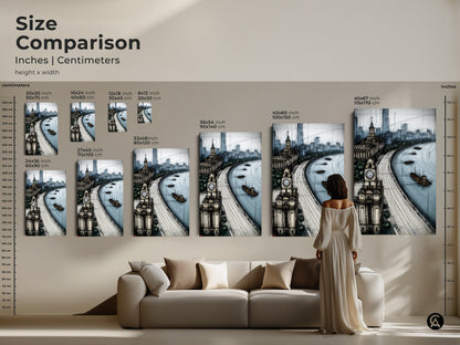 Size comparison of a blue gray cityscape sketch artwork in a living room. See how the river clock tower art print fits above a sofa. Available in various sizes for canvas and poster. Ideal for modern decor.