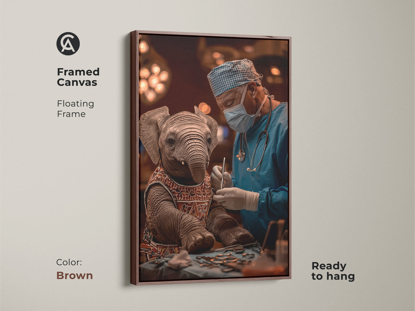 An Elephant Surgeon Framed Canvas in a brown floating frame. This ready to hang piece is a surreal medical art print perfect for veterinary offices. The unique blue and brown animal canvas makes it an ideal gift. This quirky surgery artwork complements eclectic homes and serves as thoughtful art for medical professionals.