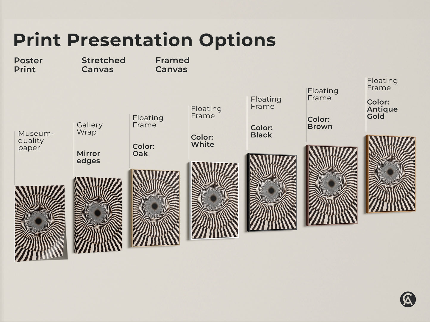 Print Presentation Options for Black and White Abstract Art. Poster Print Stretched Canvas and Framed Canvas options are shown. Each option features a geometric swirl print. Op Art Concentric Circles wall decor is available in multiple formats.