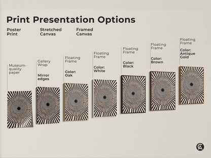 Print Presentation Options for Black and White Abstract Art. Poster Print Stretched Canvas and Framed Canvas options are shown. Each option features a geometric swirl print. Op Art Concentric Circles wall decor is available in multiple formats.