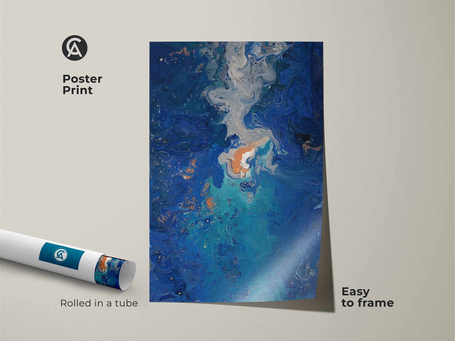 Easy-to-frame poster print showcases a navy blue fluid art. The rolled abstract texture art captures a blue marble effect. This modern home accent is an ideal housewarming gift for art lovers. Display the beauty easily.