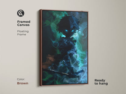 Framed canvas displaying dark fantasy warrior demon in brown. The floating frame highlights the anime artwork. This blue green teal abstract art is ready to hang for eclectic decor.